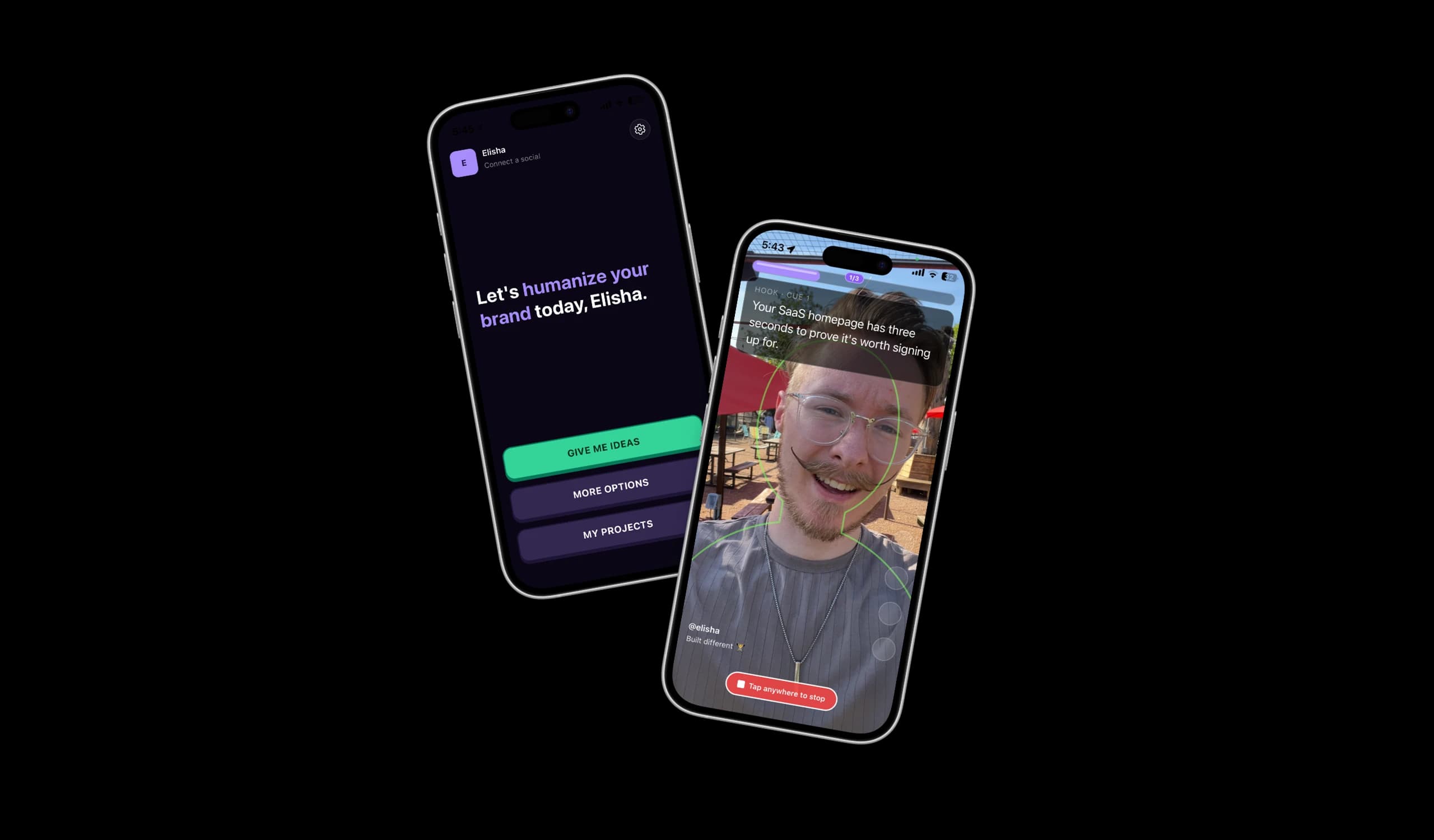 Two InstaClip phone screens: the idea prompt and a recording in progress